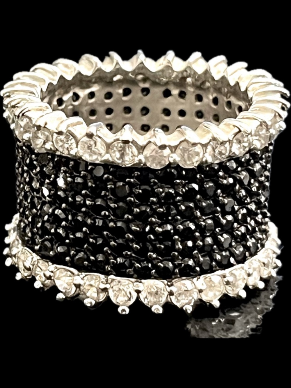 Black white CZ diamond eternity band wedding cocktail statement ring silver QVC